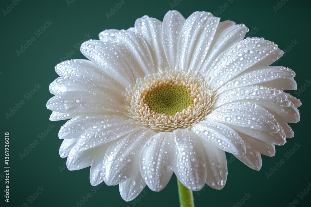 Poster white flower covered in dew against a green background showcasing its delicate petals and intricate 