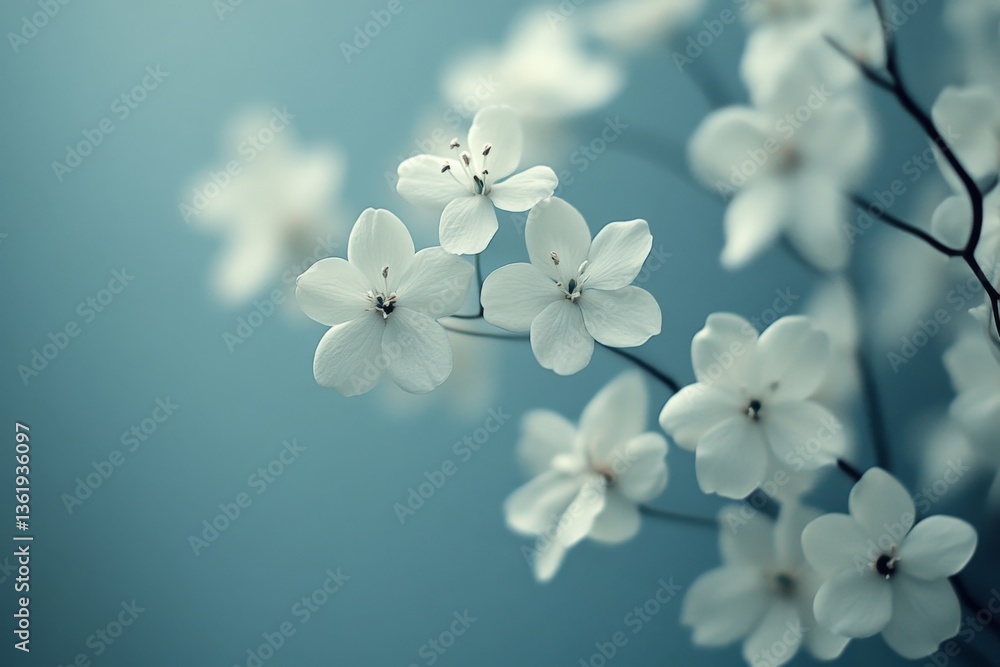 Poster White flowers bloom against a soft blue background, creating a serene and tranquil atmosphere in a decorative setting