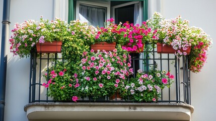 Naklejka premium A charming balcony adorned with hanging flower baskets
