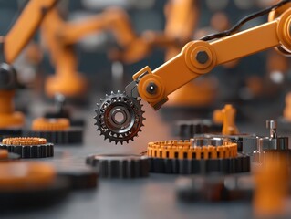 Robotic arms attaching gears to bike hubs in an automated assembly line process