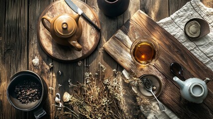 Tea and coffee setup on wooden table with rustic flat lay