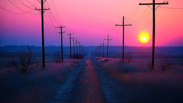 Serene sunset over a rural road lined with telephone poles and grass