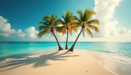 Naklejka premium Tropical paradise beach in Punta Cana Dominican Republic. Palm trees stand on sandy island. Turquoise ocean water, blue sky, white clouds. Perfect for vacation, travel, tourism, relaxation. Sun,