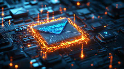 Futuristic glowing blue email icon embedded within circuit board surrounded by bright orange data flow particles, Concept of digital communication, cybersecurity and artificial intelligence.