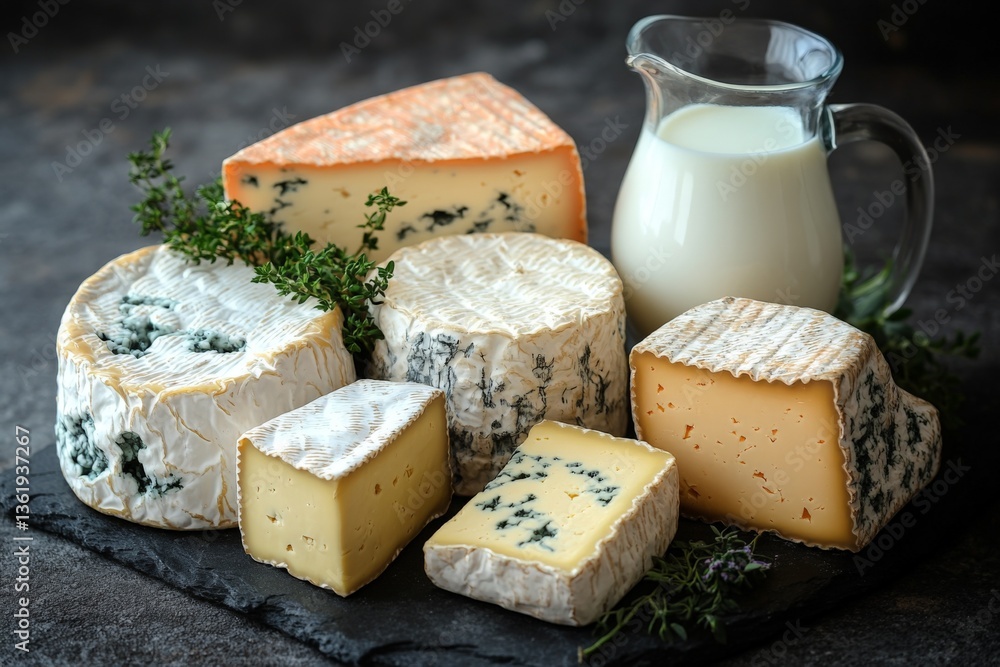 Poster assortment of various cheeses with fresh milk displayed on a slate board