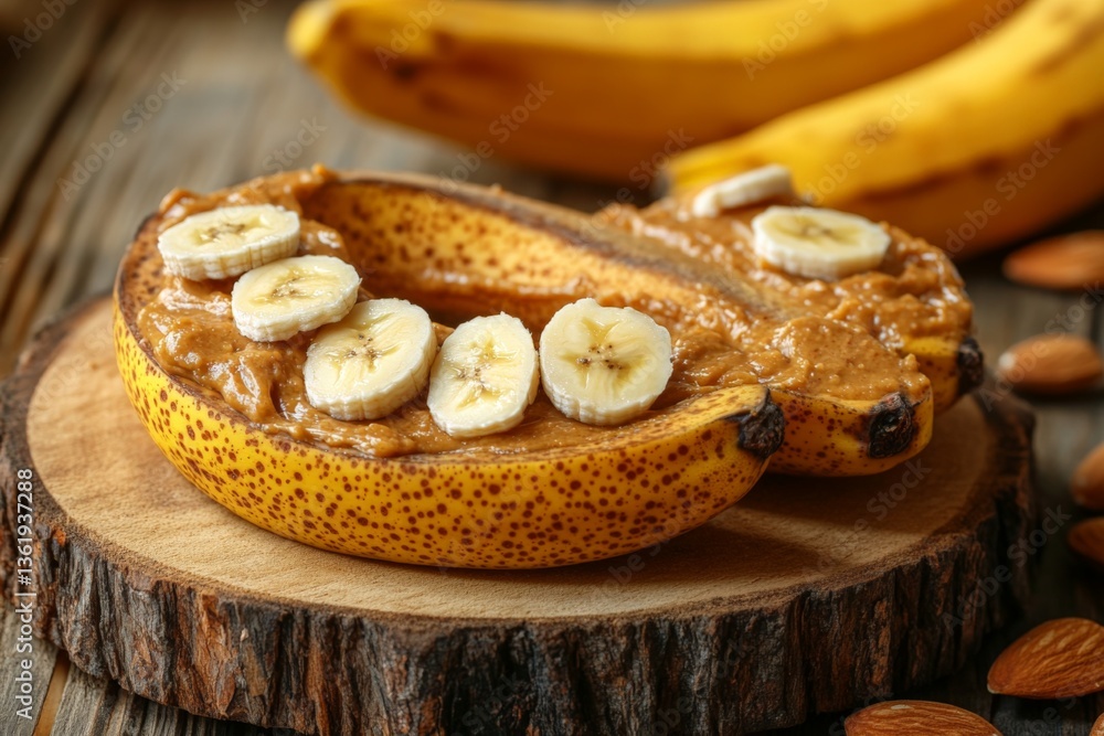 Poster banana halves with peanut butter and sliced bananas served on a wooden board with almonds in a cozy 