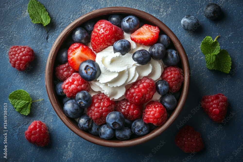 Aufkleber fresh berries with whipped cream in a brown bowl on a dark background