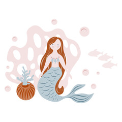 Cute mermaid underwater. Vector illustration for kids cards, designs, invitations