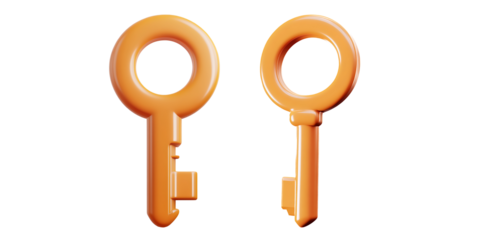  3D orange cartoon key with a simple round design, featuring a fun and playful look. Ideal for use in digital illustrations and icons. Isolated on transparent background, png.