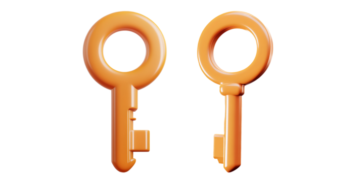 3D orange cartoon key with a simple round design, featuring a fun and playful look. Ideal for use in digital illustrations and icons. Isolated on transparent background, png.