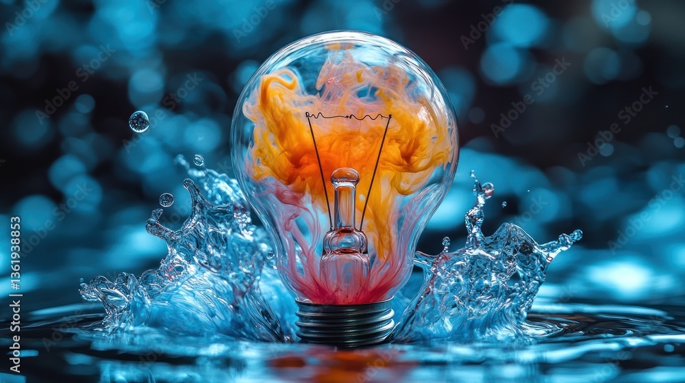Aufkleber Water splashing around a lightbulb with colorful ink inside.