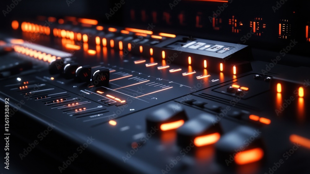 Poster close-up view of a vintage-style audio mixing console. illuminated orange controls and knobs on a da