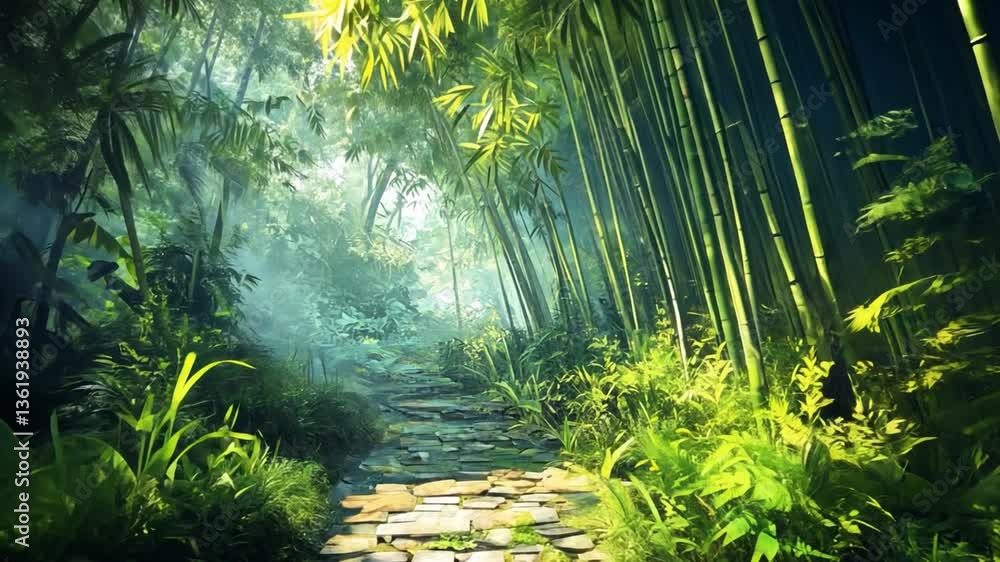 Poster lush green bamboo forest pathway under soft sunlight filtering through leaves and creating a serene 