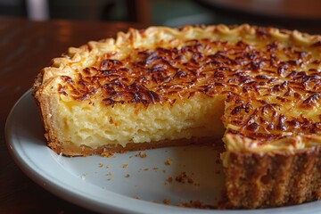 A delicious looking custard pie with a cut out slice present