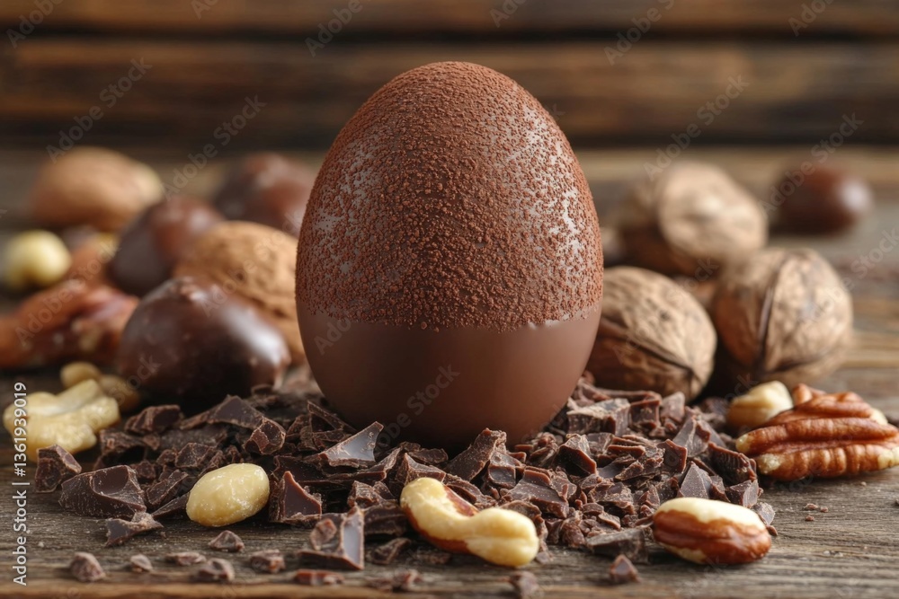 Poster chocolate egg surrounded by assorted nuts and chocolate pieces on rustic wooden background