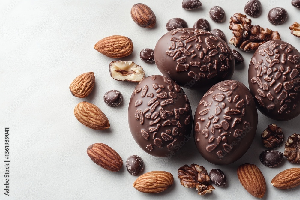 Poster chocolate eggs surrounded by nuts create a delightful arrangement for dessert lovers at any time of 