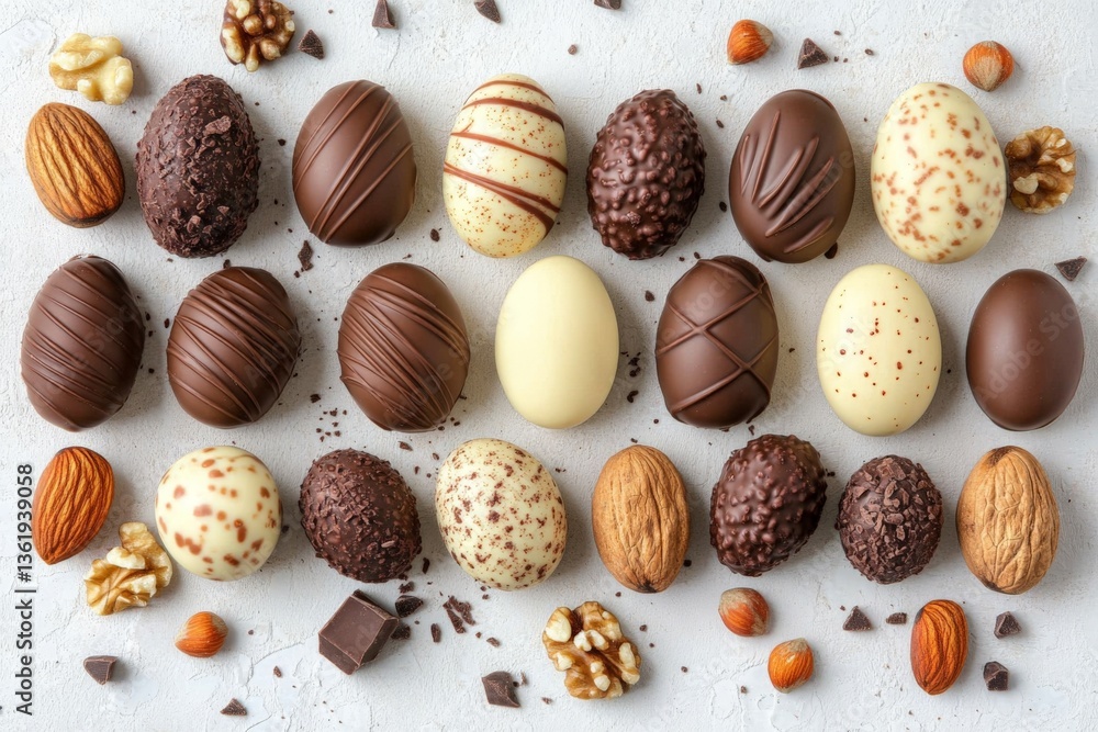 Poster assorted chocolate easter eggs with nuts arranged on a textured surface for a festive celebration