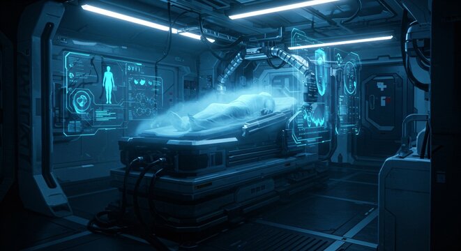 Futuristic cryochamber with holographic display in sci-fi laboratory. Human cloning and cryogenic preservation concept. Suspended animation pod for space travel or medical research