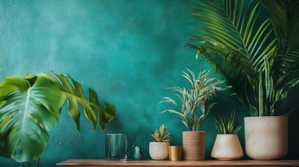 Obraz premium Interior with green and beige potted plants against turquoise wall