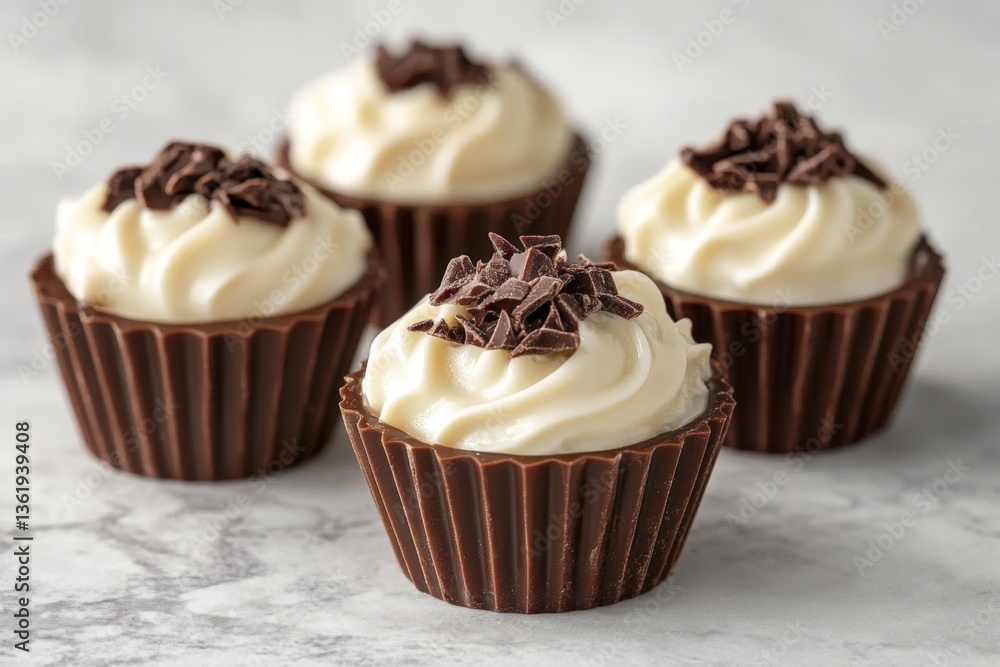 Poster delicious chocolate cups filled with creamy frosting and topped with chocolate shavings at a dessert