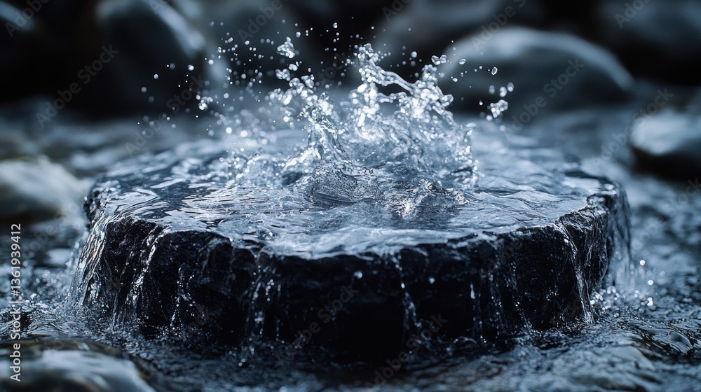 Poster water splashing on dark rock in stream.
