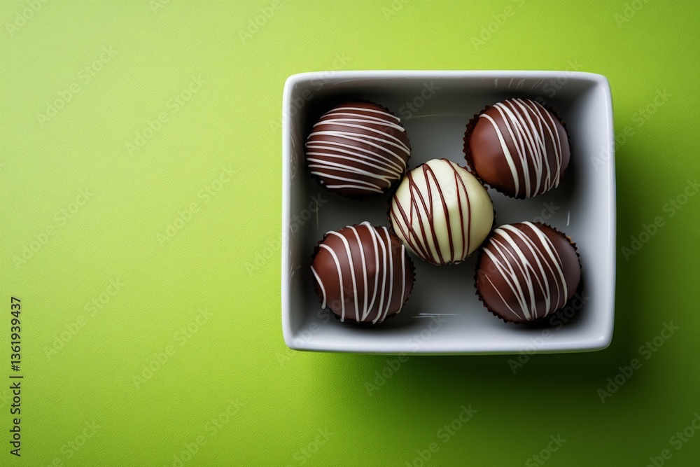 Poster homemade chocolate truffles arranged in a square bowl on a vibrant green surface during daylight