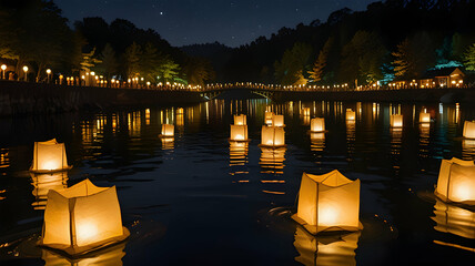 "Floating Lanterns on a Tranquil River at Night &ndash; A Magical Celebration"

