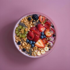 A fresh fruit smoothie bowl topped with granola, chia seeds, and colorful berries, set against a minimalist pink background, muesli with berries on pink background