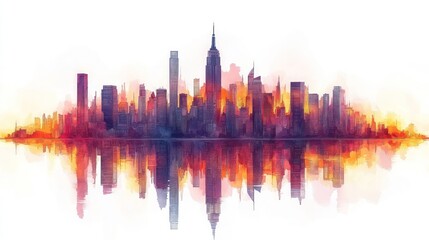 Fototapeta premium Watercolor cityscape skyline reflecting on water at sunset.