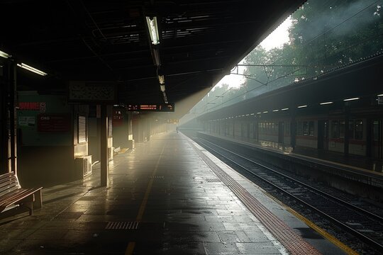 A deserted subway platform is lit by beams of bright sunlight