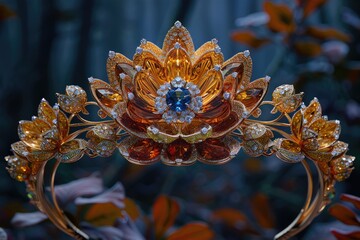 A detailed and ornate floral tiara decorated with gemstones and gold