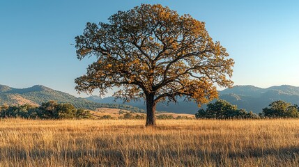 Fototapeta premium Lone oak tree in autumnal field with mountains.