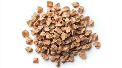 A close-up view of a pile of brown seeds on a white background, showcasing their texture and natural color