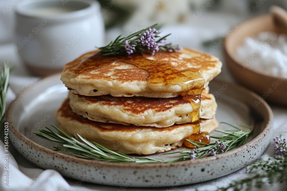 Poster fluffy pancakes drizzled with syrup and garnished with herbs on a rustic table
