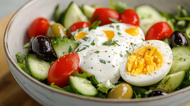 Fresh Salad Bowl with Eggs, Olives, and Cherry Tomatoes, Organic Food