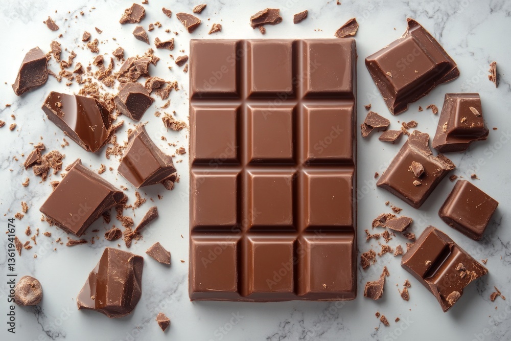 Poster chocolate bar with broken pieces on a marble surface surrounded by chocolate crumbs