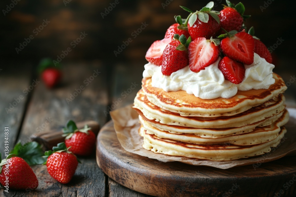 Poster delicious stack of fluffy pancakes topped with fresh strawberries and whipped cream served on a rust