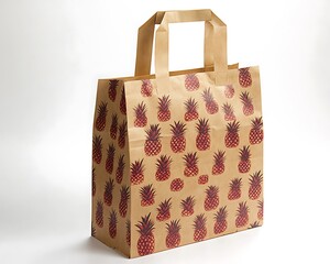Brown paper bag with red pineapple pattern.