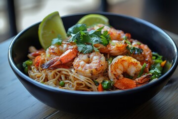 Delicious shrimp stir-fried noodles served in a black bowl garnished with fresh lime and herbs