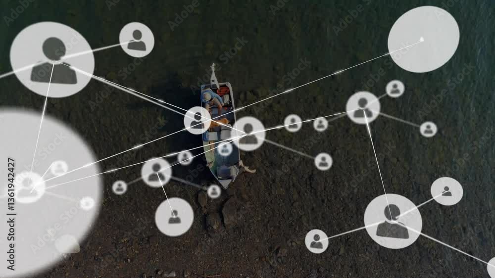 Poster network of connections and data processing animation over boat on water