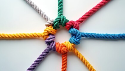 Colorful ropes tied together on white background. Unity concept. Diverse ropes connect collaboration, cooperation, teamwork, togetherness. Union, diversity, connection, support. Business, community,