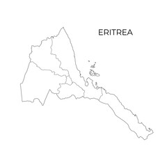 Simple black and white outline map of Eritrea, displaying its regional divisions. Ideal for geography education, cartography, and study materials