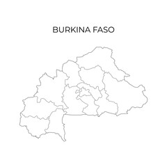 Simple black and white outline map of Burkina Faso, displaying its regional divisions. Ideal for geography education, cartography, and study materials