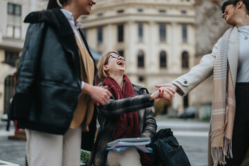 Obraz premium Three women enjoy a moment of laughter and connection while outdoors in a city setting. Their interaction exudes feelings of warmth, camaraderie, and a strong sense of friendship and joy.