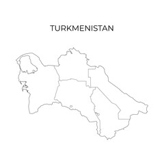 Obraz premium Simple black and white outline map of Turkmenistan, displaying its regional divisions. Ideal for geography education, cartography, and study materials