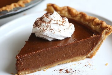 Chocolate cream pie served with whipped cream topping on a plate in a cozy kitchen setting