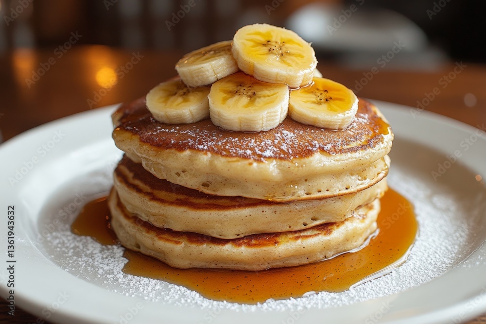 Poster Delicious stack of pancakes topped with sliced bananas and drizzled with syrup served on a white plate