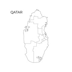 Simple black and white vector outline map of Qatar, showing internal municipal borders, perfect for educational, political, and geographic use