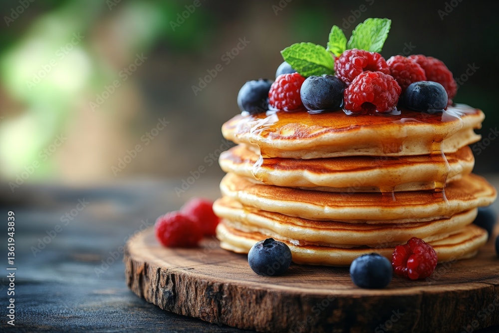 Poster Delicious stack of fluffy pancakes topped with fresh berries and syrup on a rustic wooden table