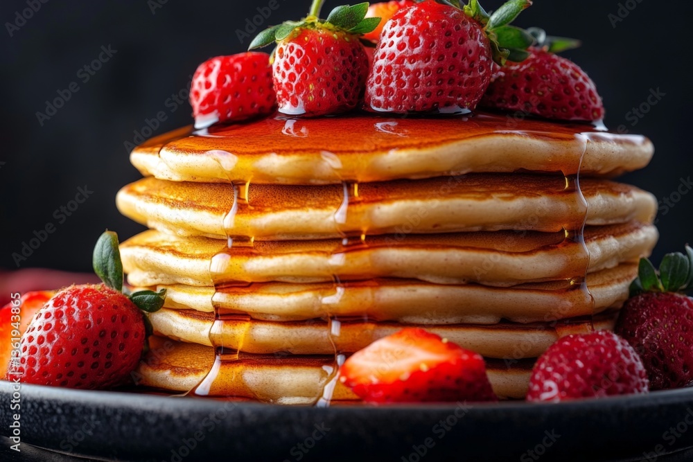 Poster Delicious stack of fluffy pancakes topped with fresh strawberries and drizzled with syrup on a dark background